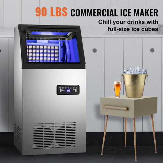 SIHAO - 40KG-90LBS/24H | Commercial Ice Maker | Auto Clear Cube | with 22LBS Storage | Automatic Ice Machine|