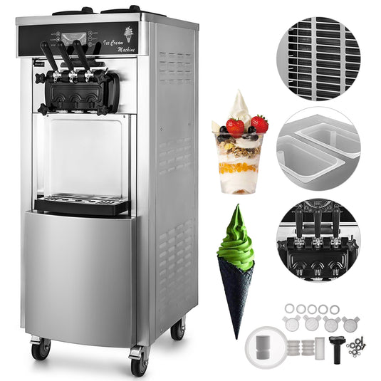 SIHAO - YKF 8228H - Commercial Soft Ice Cream Machine | 2200W Compressor | 2+1 Flavors | 5.3-7.4 Gal/H Auto Clean LCD Panel