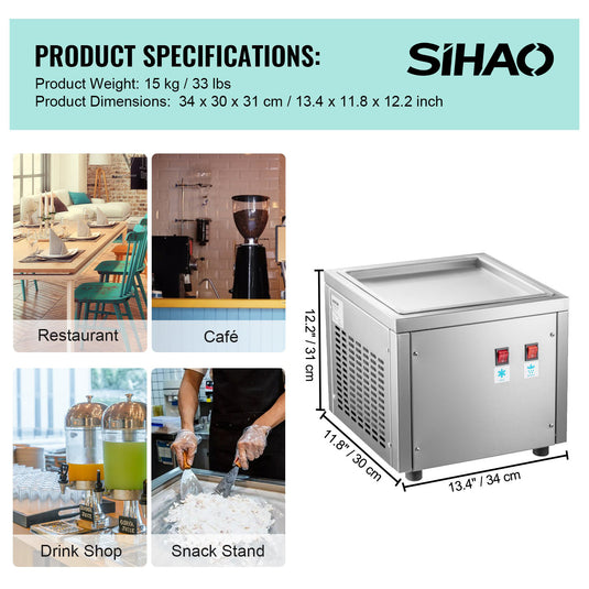 SIHAO - 280W | Commercial Rolled Ice Cream Machine | Single Square Pan | Stainless Steel Stir-Fried Ice Cream Roll Maker