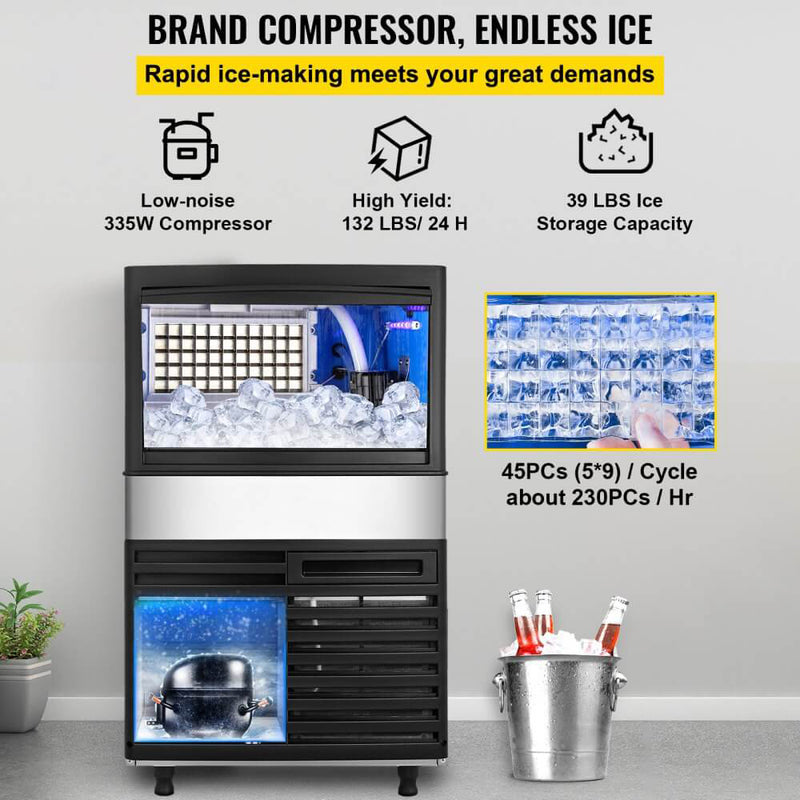 Load image into Gallery viewer, SIHAO - 45KG - 132 LBS/24h | 335W | Commercial Ice Maker Machine |  Stainless Steel with 39 lbs Storage | LED Panel | Water Filter
