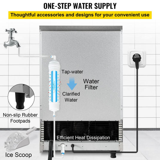 SIHAO - 45KG - 132 LBS/24h | 335W | Commercial Ice Maker Machine |  Stainless Steel with 39 lbs Storage | LED Panel | Water Filter