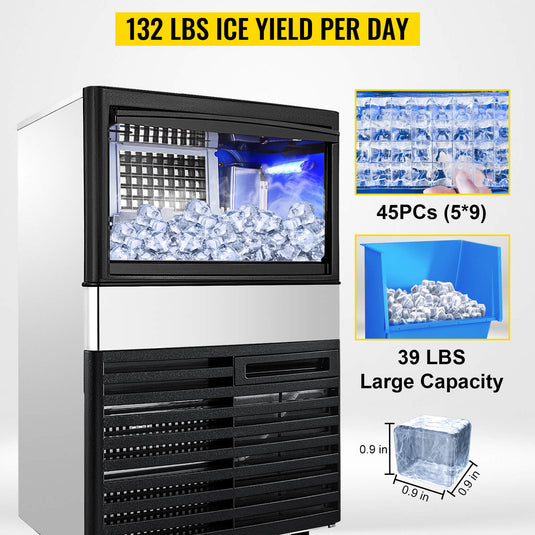 SIHAO - 45KG - 132 LBS/24h | 335W | Commercial Ice Maker Machine |  Stainless Steel with 39 lbs Storage | LED Panel | Water Filter