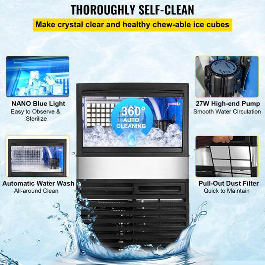 SIHAO - 45KG - 132 LBS/24h | 335W | Commercial Ice Maker Machine |  Stainless Steel with 39 lbs Storage | LED Panel | Water Filter