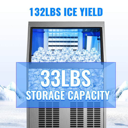 SIHAO - 60KG - 132LBS/24H  Commercial Ice Maker Machine | with 44LBS Storage | Stainless Steel | 5x8 Ice Tray LCD Control | Auto Clean with Water Drain Pump