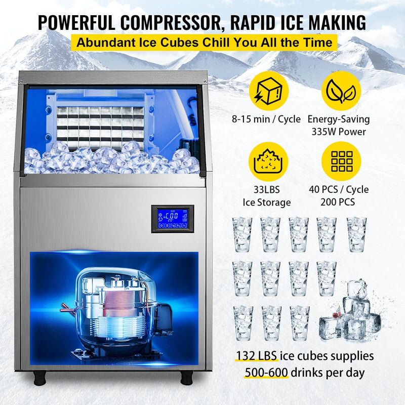 Load image into Gallery viewer, SIHAO - 60KG - 132LBS/24H  Commercial Ice Maker Machine | with 44LBS Storage | Stainless Steel | 5x8 Ice Tray LCD Control | Auto Clean with Water Drain Pump
