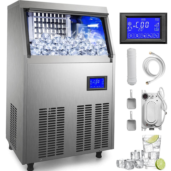 SIHAO - 60KG - 132LBS/24H  Commercial Ice Maker Machine | with 44LBS Storage | Stainless Steel | 5x8 Ice Tray LCD Control | Auto Clean with Water Drain Pump