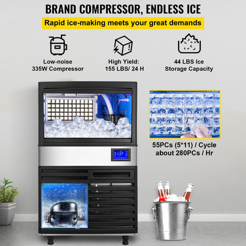SIHAO - 70KG - 155LBS/24H | 335W compressor | Commercial ice Maker Machine |  with 39LBS Bin and Electric Water Drain Pump | Stainless Steel | Auto Operation