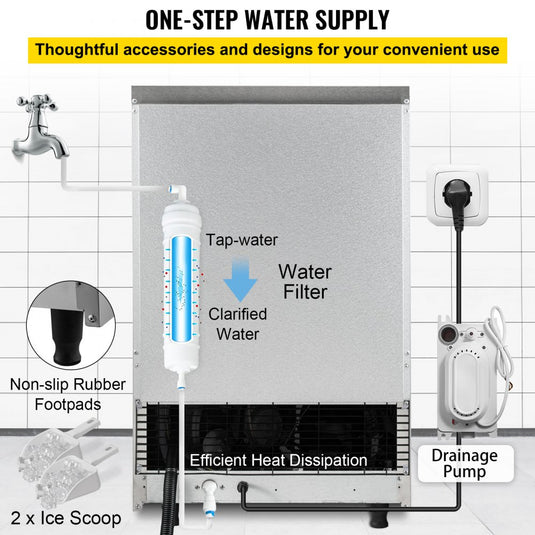 SIHAO - 70KG - 155LBS/24H | 335W compressor | Commercial ice Maker Machine |  with 39LBS Bin and Electric Water Drain Pump | Stainless Steel | Auto Operation