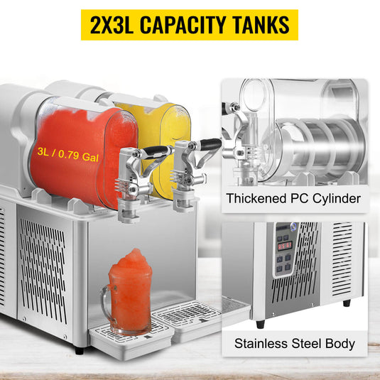 SIHAO - 3L x 2 Tank | Commercial Slushy Machine | 340W | with Temperature Preservation | Stainless Steel | Automatic Cleaning