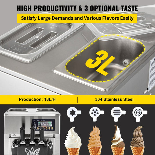 SIHAO - A168 - Countertop Soft Ice Cream Machine | 1200W Compressor | 4.2-4.7 Gal/H | with 2x3L Hoppers