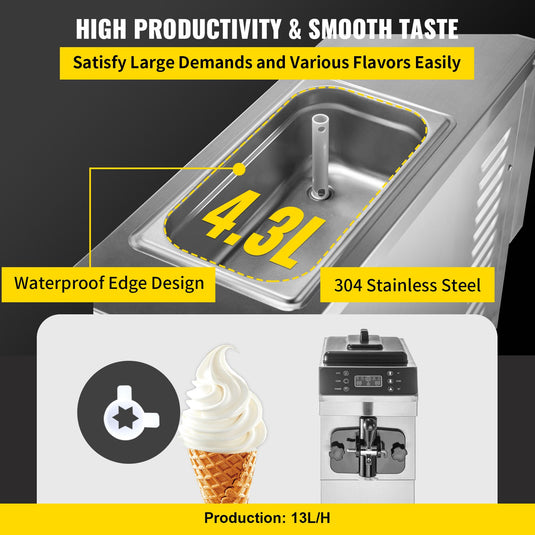 SIHAO - D200 - Countertop Soft Ice Cream Machine | 1200W Compressor | 13L/H (3.4 Gal/Hour) | with LED Intelligent Panel