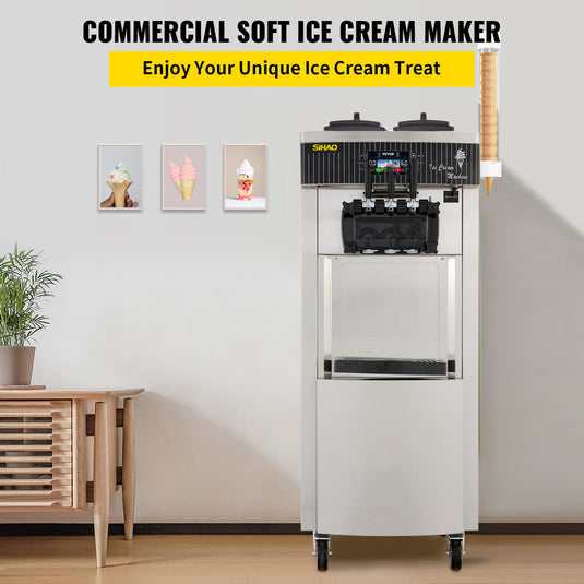 SIHAO - YKF 8228H - Commercial Soft Ice Cream Machine | 2200W Compressor | 2+1 Flavors | 5.3-7.4 Gal/H Auto Clean LCD Panel
