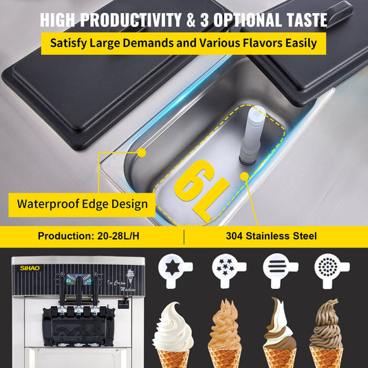 SIHAO - YKF 8228H - Commercial Soft Ice Cream Machine | 2200W Compressor | 2+1 Flavors | 5.3-7.4 Gal/H Auto Clean LCD Panel