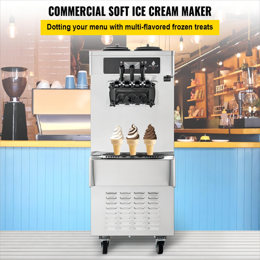 SIHAO - YKF-9236 - Commercial Ice Cream Soft Serve Machine | 20-28L/H Yield | 2+1 Flavors | 2450W  Power | with 2 x 7L Hoppers 1.8L Cylinders | Puffing Pre-Cooling Shortage Alarm