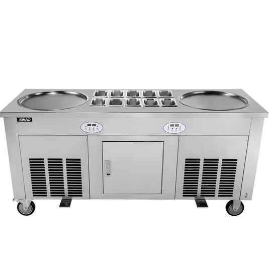 SIHAO - 2800W | Commercial -Fried Ice Cream Machine | 2 Pans | Stainless | Refrigerated Cabinet 10 Boxes