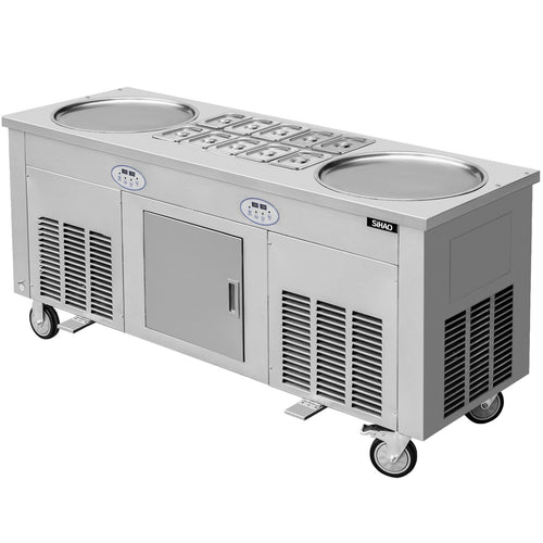 SIHAO - 2800W | Commercial -Fried Ice Cream Machine | 2 Pans | Stainless | Refrigerated Cabinet 10 Boxes