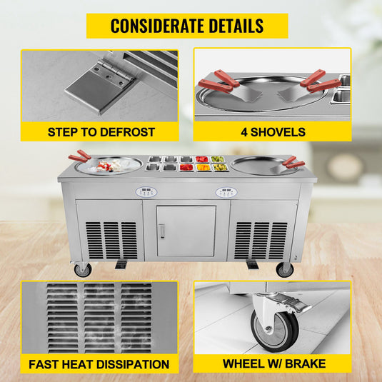 SIHAO - 2800W | Commercial -Fried Ice Cream Machine | 2 Pans | Stainless | Refrigerated Cabinet 10 Boxes