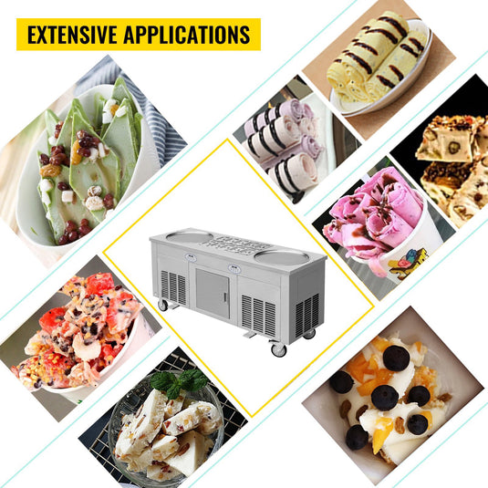 SIHAO - 2800W | Commercial -Fried Ice Cream Machine | 2 Pans | Stainless | Refrigerated Cabinet 10 Boxes