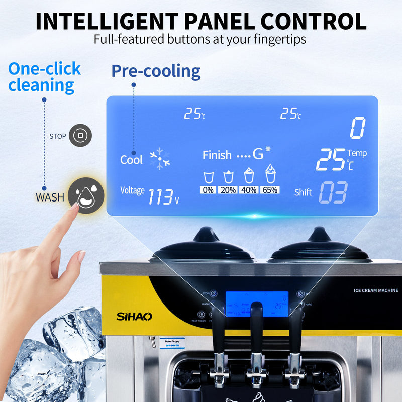 Load image into Gallery viewer, SIHAO - Commercial Countertop Soft Serve  Ice Cream Machine | 2+1 Flavors | 22-30L/H Yield | 2200W | with 2x6L Hopper 2L Cylinder |  LCD Panel Puffing Shortage Alarm
