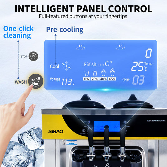 SIHAO - Commercial Countertop Soft Serve  Ice Cream Machine | 2+1 Flavors | 22-30L/H Yield | 2200W | with 2x6L Hopper 2L Cylinder |  LCD Panel Puffing Shortage Alarm