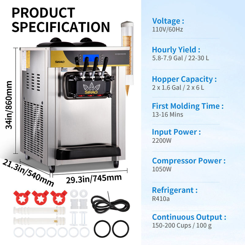 Load image into Gallery viewer, SIHAO - Commercial Countertop Soft Serve  Ice Cream Machine | 2+1 Flavors | 22-30L/H Yield | 2200W | with 2x6L Hopper 2L Cylinder |  LCD Panel Puffing Shortage Alarm
