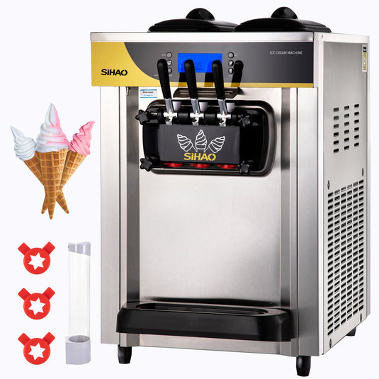 SIHAO - Commercial Countertop Soft Serve  Ice Cream Machine | 2+1 Flavors | 22-30L/H Yield | 2200W | with 2x6L Hopper 2L Cylinder |  LCD Panel Puffing Shortage Alarm