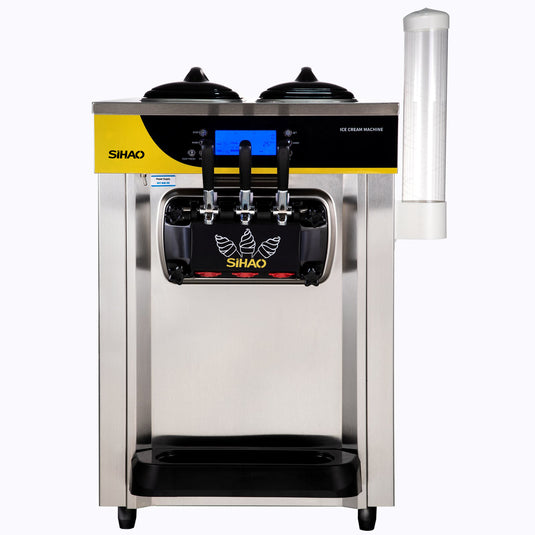 SIHAO - Commercial Countertop Soft Serve  Ice Cream Machine | 2+1 Flavors | 22-30L/H Yield | 2200W | with 2x6L Hopper 2L Cylinder |  LCD Panel Puffing Shortage Alarm