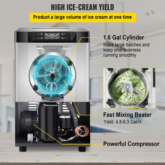 SIHAO - YKF-7218 - Commercial Countertop Hard Serve Ice Cream Machine | 4.8-6.3 Gal/H | 1.6 Gal Cylinder | 2000W Compressor | LCD Screen