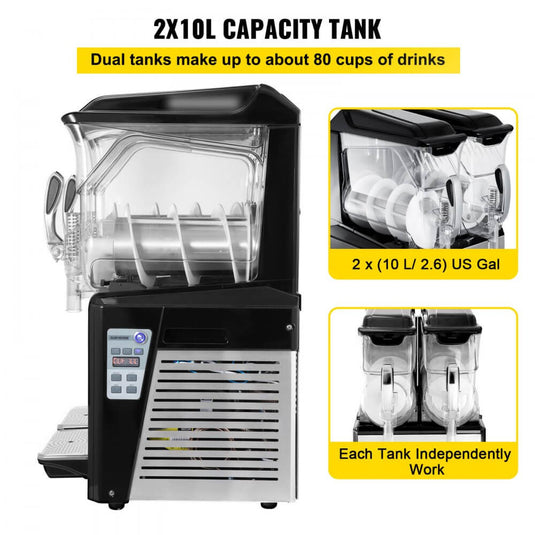 SIHAO - 10L x 2 Tank | Slushy Machine | Margarita Frozen Drink Maker | 900W | Automatic Clean Day and Night