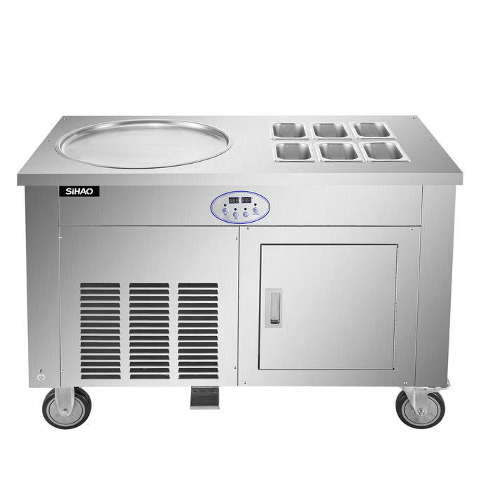 SIHAO - 1450W | Commercial Rolled Ice Cream Machine | Single Pan | Stainless Steel | Refrigerated Cabinet 6 Boxes