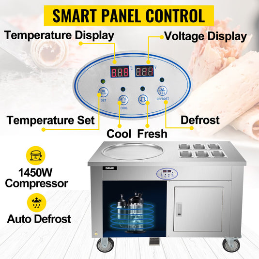 SIHAO - 1450W | Commercial Rolled Ice Cream Machine | Single Pan | Stainless Steel | Refrigerated Cabinet 6 Boxes