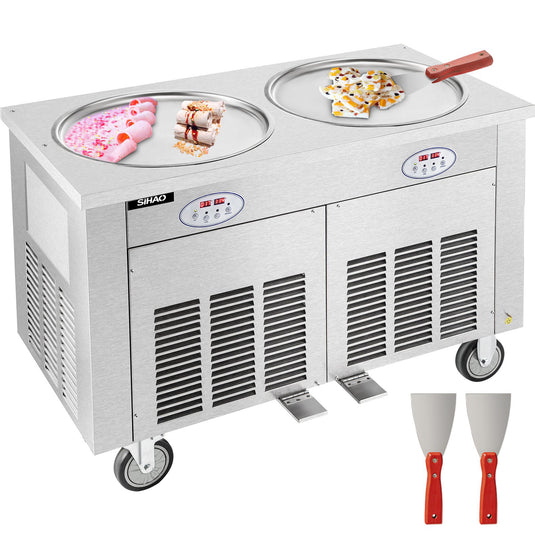 SIHAO - 1800W Commercial Rolled Ice Cream Machine | Double Pans | Stainless Steel | with 17.7